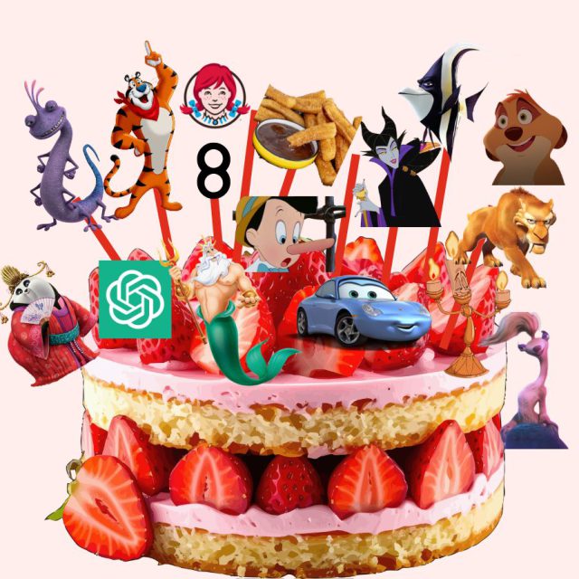 A digital Hear Me Out cake covered in character toppers